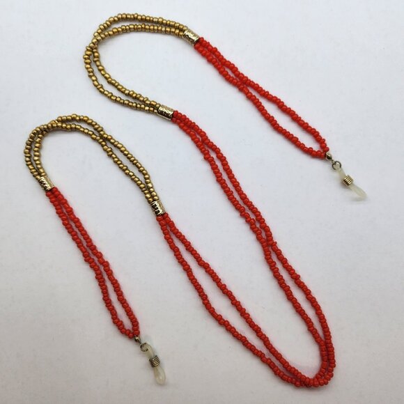 Sunglass/Eyeglass Lanyard in Gold and Red Coloured Seed beads - Picture 1 of 5